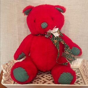 Red Teddy Bear with Green Accents holiday vintage bear